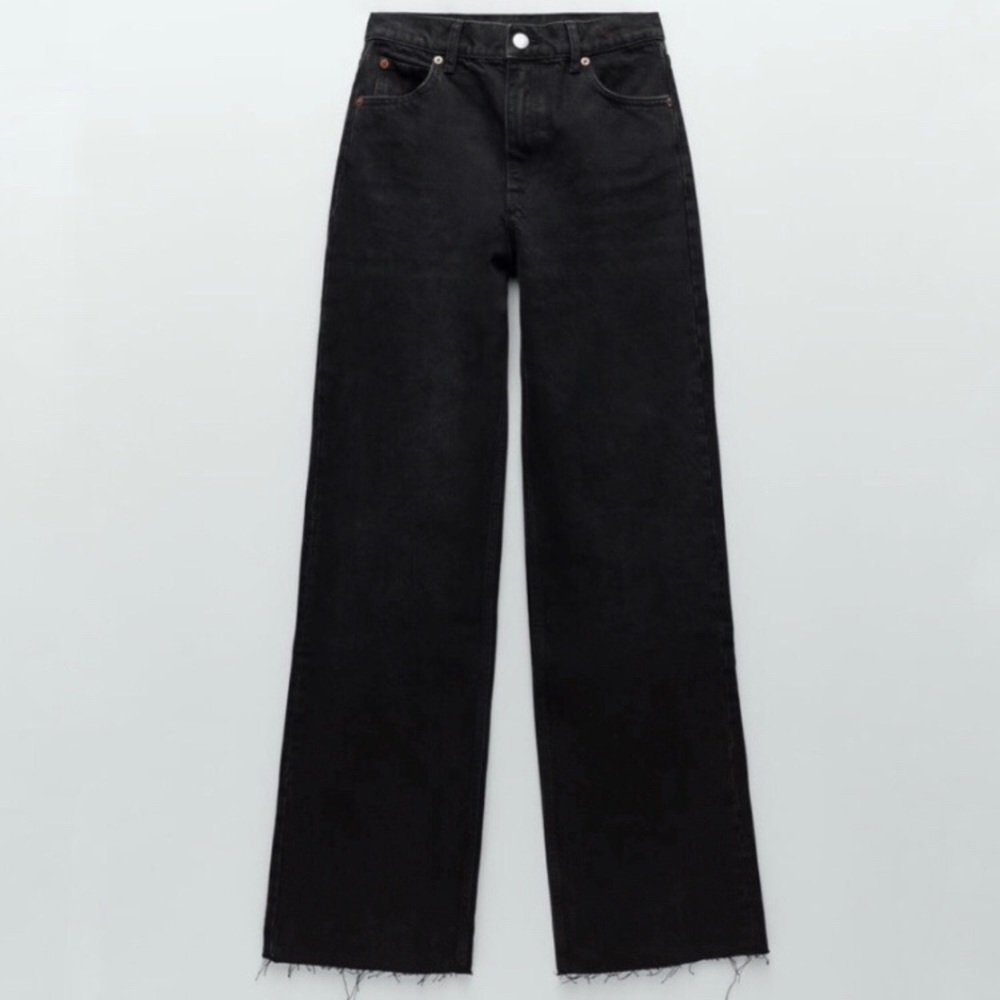 Zara The 90s Full Length High Rise Black Raw Hem Jeans